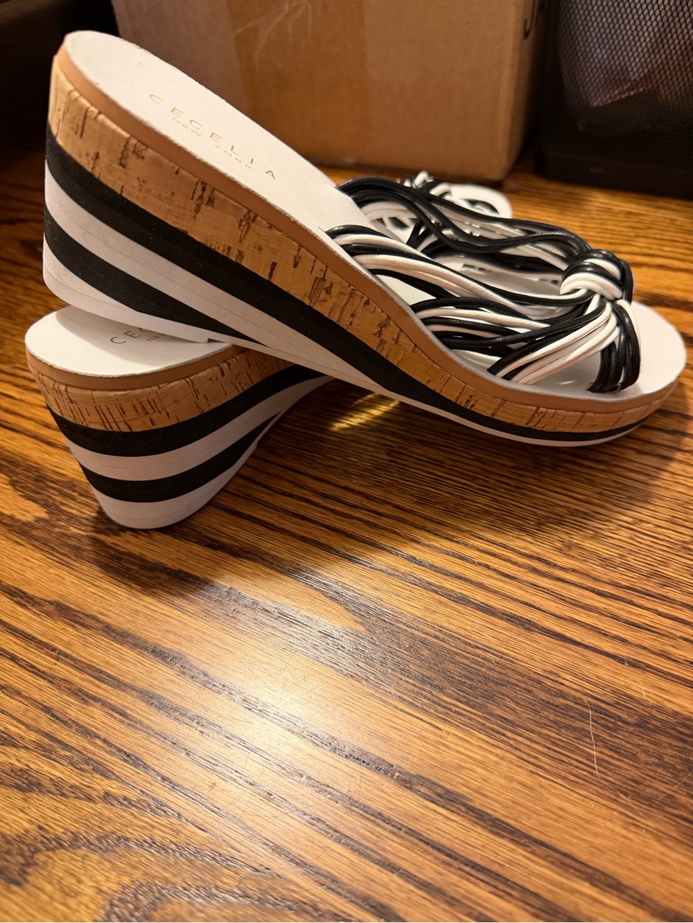 CECELIA NEW YORK Black and White Striped Cork Wedge Sandals